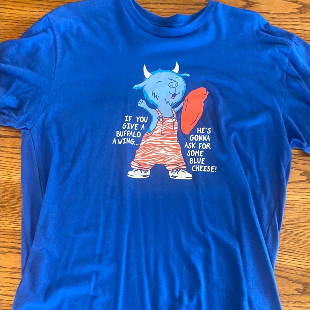 Buffalo Bills and Chicken Wing Fun a Blue Graphic T-Shirt